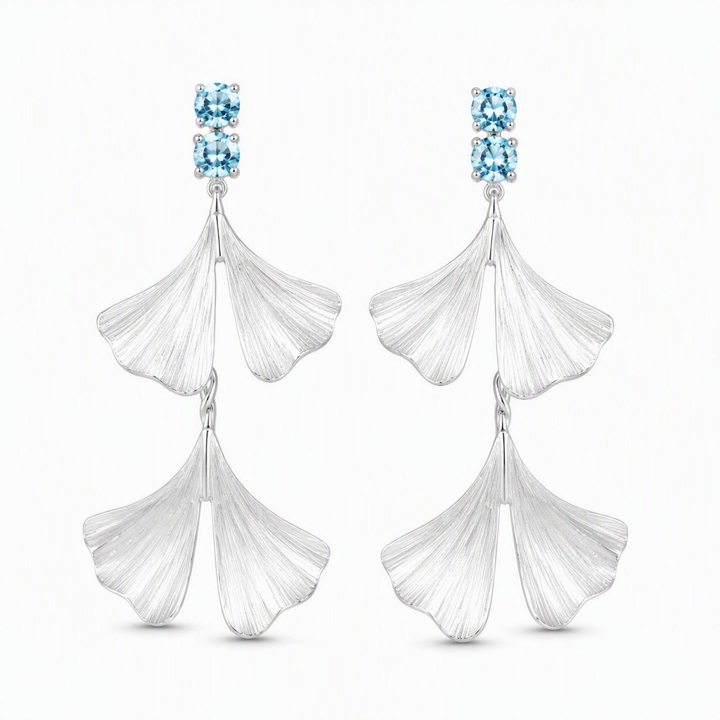 Twin Ginkgo Blue Sapphire Drop Earrings