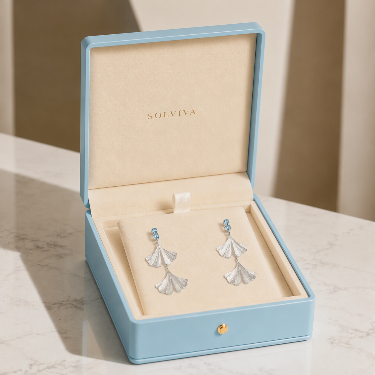 Twin Ginkgo Blue Sapphire Drop Earrings